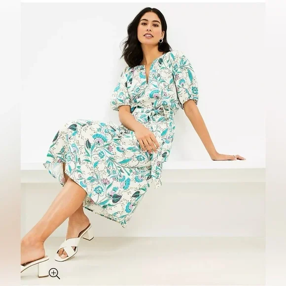 Loft Floral V-Neck Puff Sleeve Midi Dress - Picture 2 of 11
